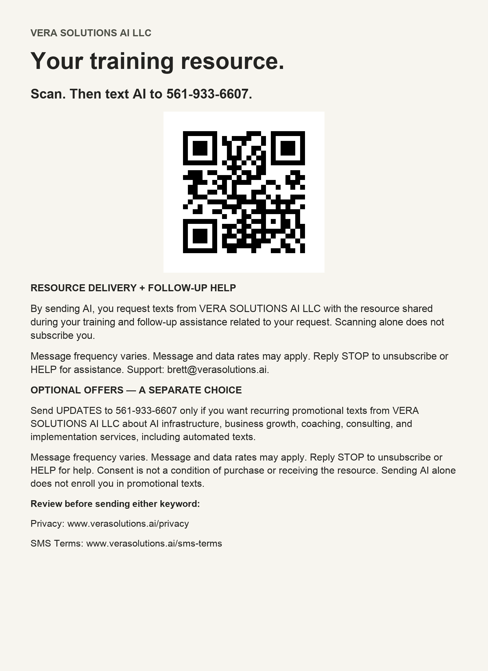 VERA Solutions training invitation with QR code to text AI, resource consent disclosures, optional UPDATES marketing signup, support contact, Privacy Policy and SMS Terms URLs. The full invitation wording is also provided above.